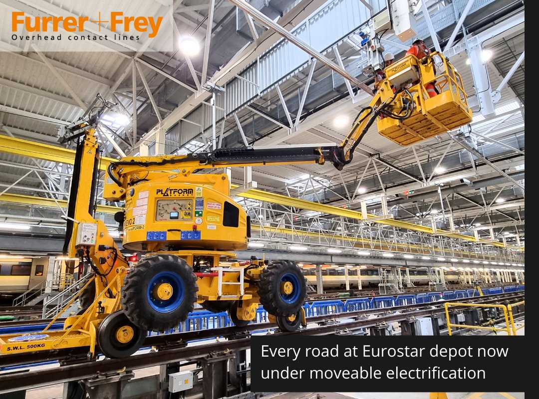 FurrerFreyGB's tweet photo. 🤝Today we mark completion of a big job. Over 1.5 kilometres of moveable electrification up-and-running for @eurostar at their London depot. A successful partnership to create a clean, modern and efficient depot. #railways #Rail (1/3) https://t.co/7Fkxw42bZG