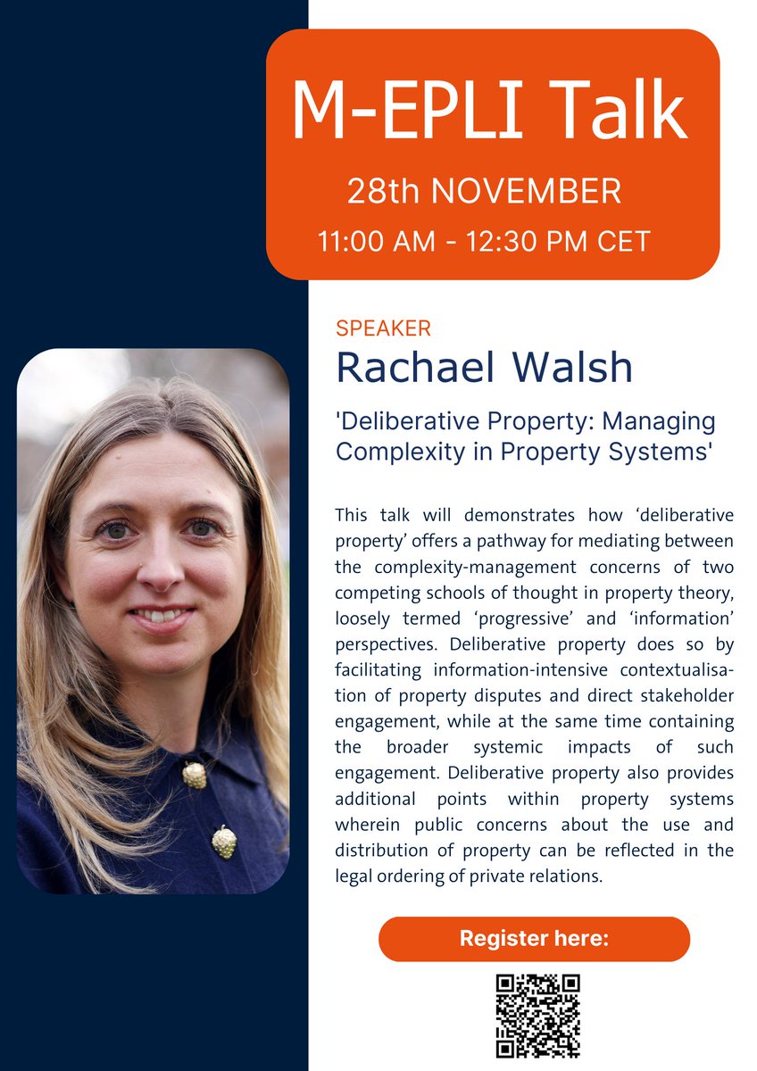 KateE_OReilly's tweet photo. We are very much looking forward to our next (hybrid) M-EPLI Talk at Maastricht University with @rachaelawalsh on Deliberative Property! Registration for this talk is open for anyone interested.

ℹ️ More information and registration:
https://t.co/p13pODmQcU https://t.co/PA59omAjtX