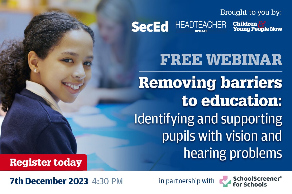 SecEd_Education's tweet photo. What are the implications of COVID on visual and hearing impairments in children? Learn from Professor #DavidThomson and @Hearing4Kids of @SchoolScreener this Thursday (7th Dec) for a FREE expert-led #webinar and Q&A. Book now: https://t.co/Xq3SFTHWhg https://t.co/efjijfvEva