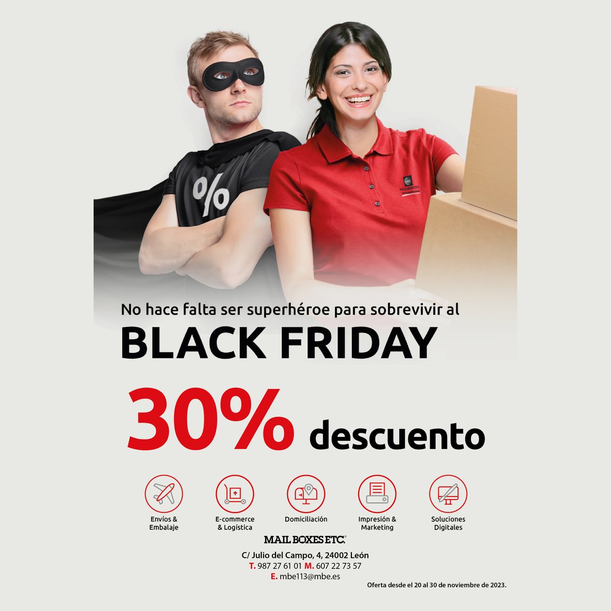 MailBoxes113's tweet image. Ya ha llegado a Mail Boxes Etc. León el Black Friday. ¡¡¡ CON UN GRAN DESCUENTO!!!. No perdáis esta oportunidad. Os esperamos.📦🖨