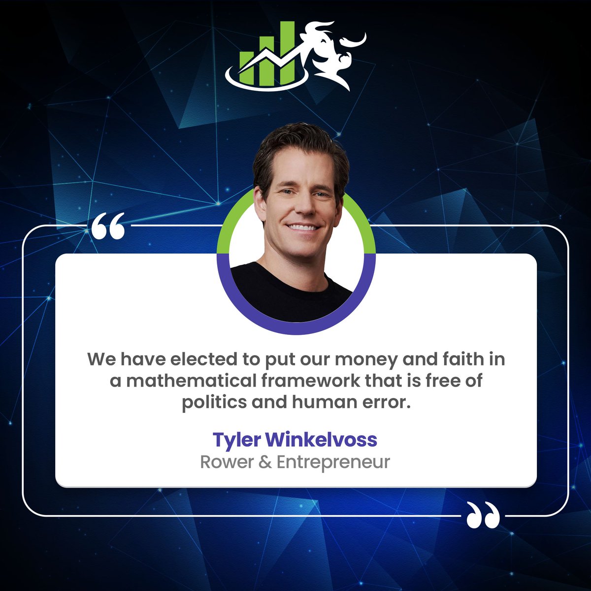 TradeBull_TBT's tweet photo. "We have elected to put our money and faith in a mathematical framework that is free of politics and human error." - Tyler Winkelvoss, Rower & Entrepreneur
Join the movement at TradeBull—where mathematical reliability guides your investment path. 💰 #MathOverPolitics #TradeBull https://t.co/4MEYOyFa4N