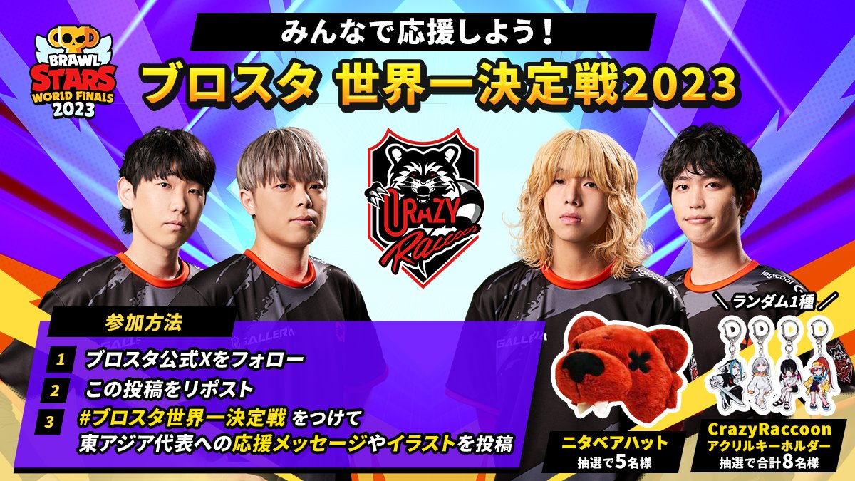 brawlstarsjp's tweet photo. みんなで応援しよう！🔥📢

ブロスタ 世界一決定戦2023はもう目の前！
東アジア代表の CrazyRaccoon に応援を届けるべく
キャンペーンを開催！🙌

① ブロスタ公式をフォロー
② この投稿をリポスト
③ #ブロスタ世界一決定戦 をつけて
東アジア代表への応援メッセージorイラストを投稿

参加してくれた方の中から抽選で豪華賞品をプレゼント！

みんなで CrazyRaccoon の世界一にむけて応援しよう！