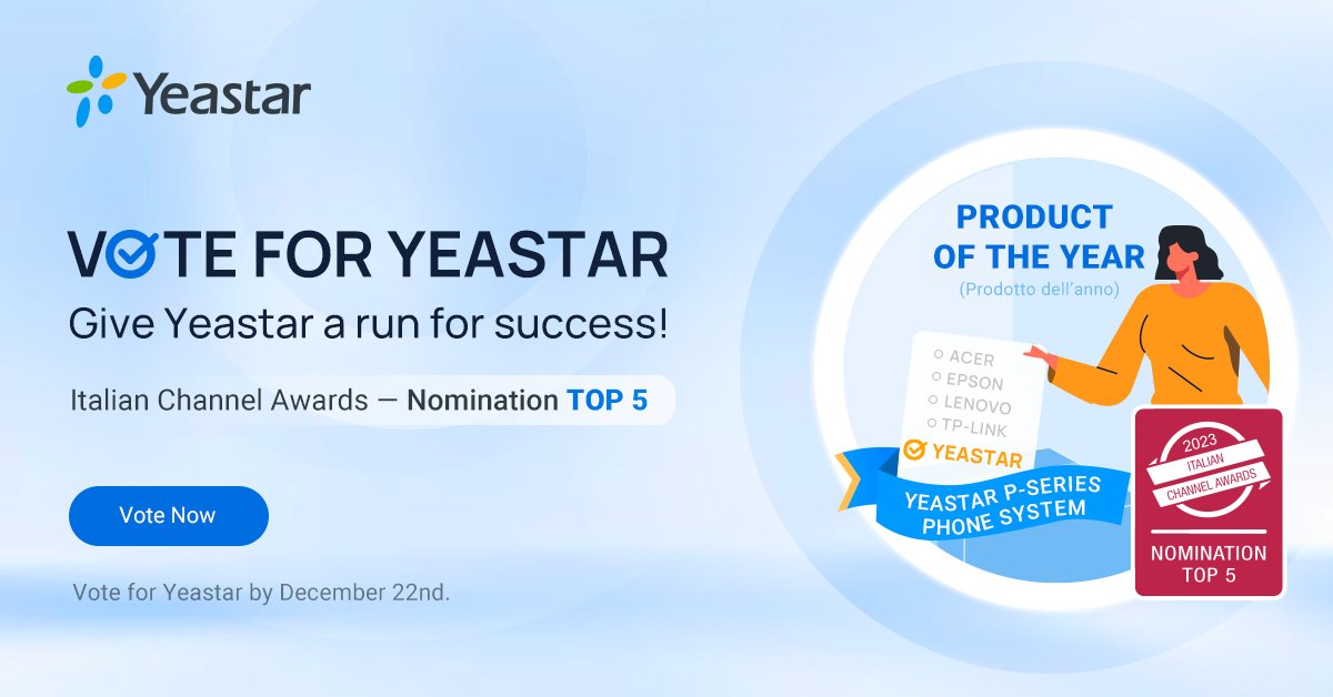 🏆Yeastar has made it to the NOMINATION TOP 5 for the Italian Channel Awards #ICA2k23. Your support means the world to us, casting your vote for Yeastar: hubs.ly/Q029psC40
Product of the Year (Prodotto dell'anno) → YEASTAR P-SERIES PHONE SYSTEM
#NominationICA2k23