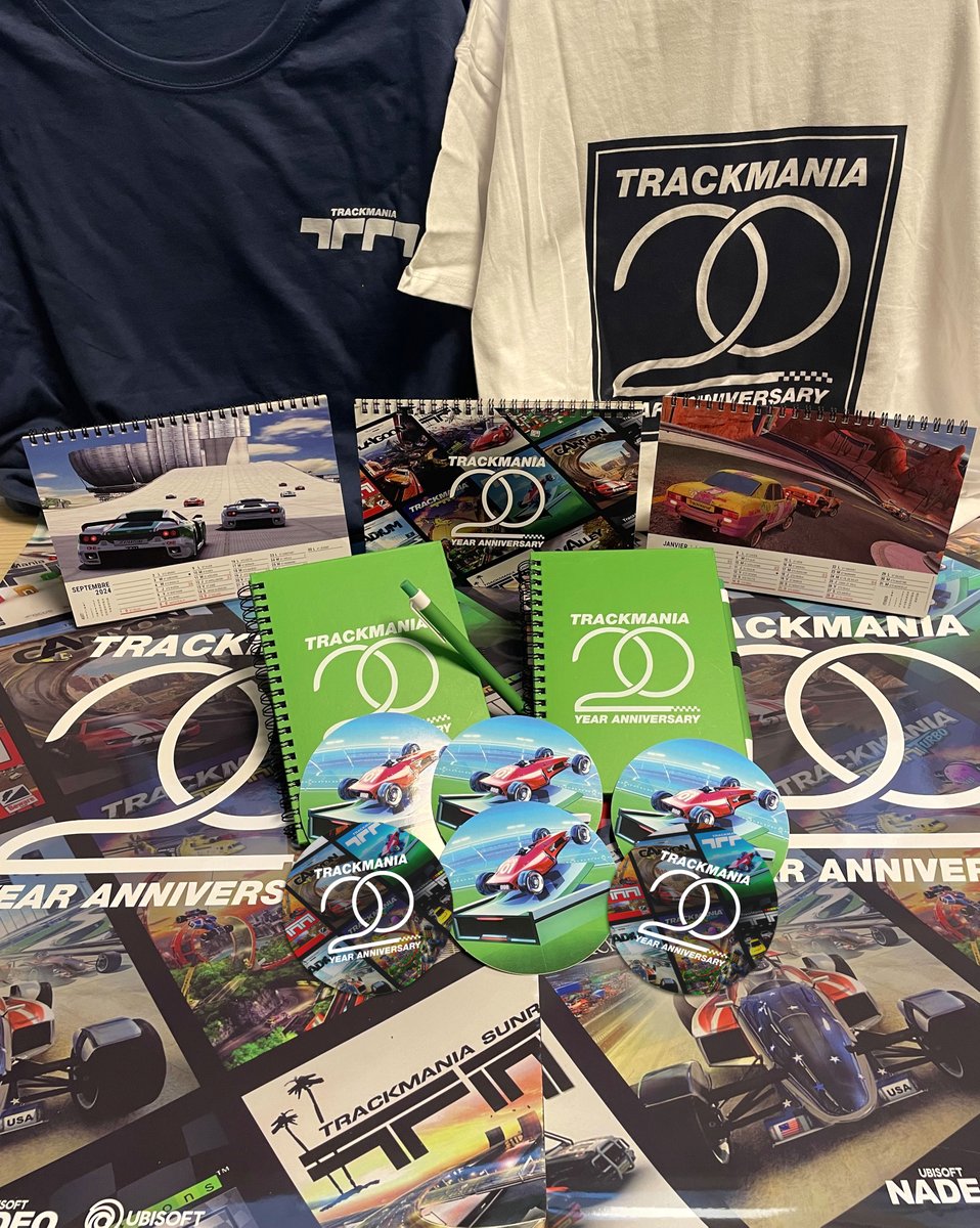 20 lucky winners will be drawn on November 30! 🍀 

Winners will win an exclusive Trackmania 20-years goodies pack including one calendar, one sticker, one t-shirt, one poster and one notebook. 🎁