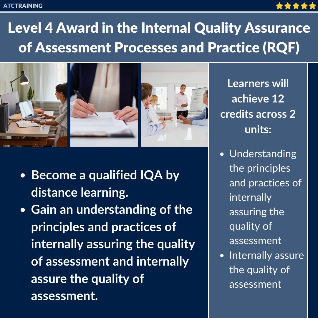 ATCTrainingUK's tweet image. The Level 4 Award in the Internal Quality Assurance of Assessment Processes and Practice (RQF) is one of our quality assurance courses we offer!

If you are interested in this qualification, visit the link below:

atctraining.net/courses/level-…

#IQA #atctraining #qualityassurance