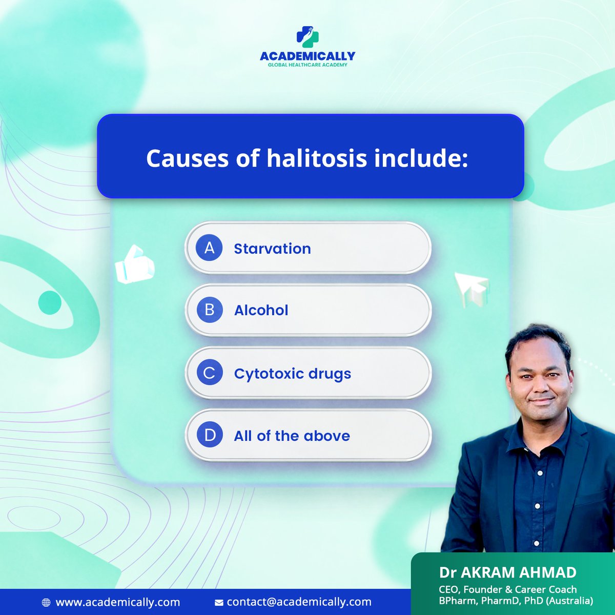 Do you know what is halitosis? It is bad breath, a condition characterised by unpleasant or foul-smelling breath.

Can you guess the cause of halitosis?

Comment the right answer in the comment section! 💡 

#quiztime #dentalquiz #adcexam