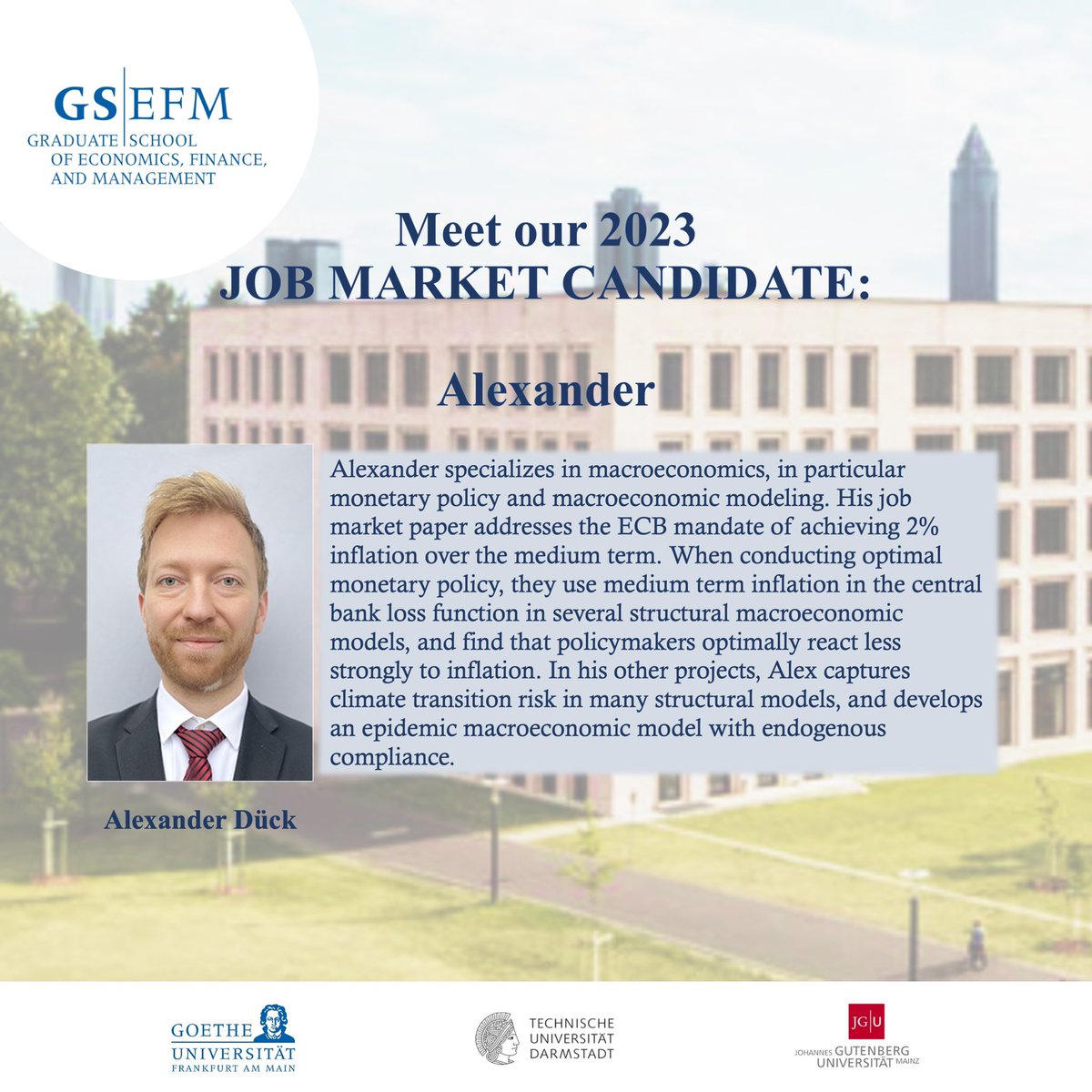 GSEFM1's tweet photo. #JOBMARKET
 
💼 Meet our 2023 Job Market Candidate Alexander Dück (@GSEFM, @IMFS)!
 
Download his CV, read his job market paper and discover more about his research on: https://t.co/ASz9ADeYPe
 
#GSEFM #jobmarket #jobmarketcandidate #phdcandidate #EconTwitter https://t.co/HSOgm8p62L