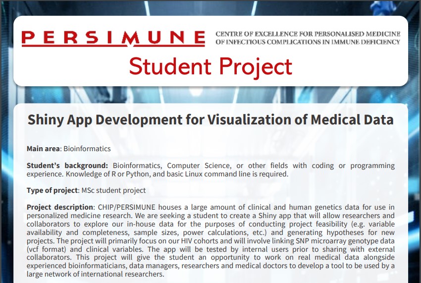 📢New Student Project in Bioinformatics group❗️
Shiny App Development for Visualization of Medical Data 
Find out more and send in the application before the 31st of January 2024. 
Read full description ⤵️
persimune.dk/Portals/0/File…