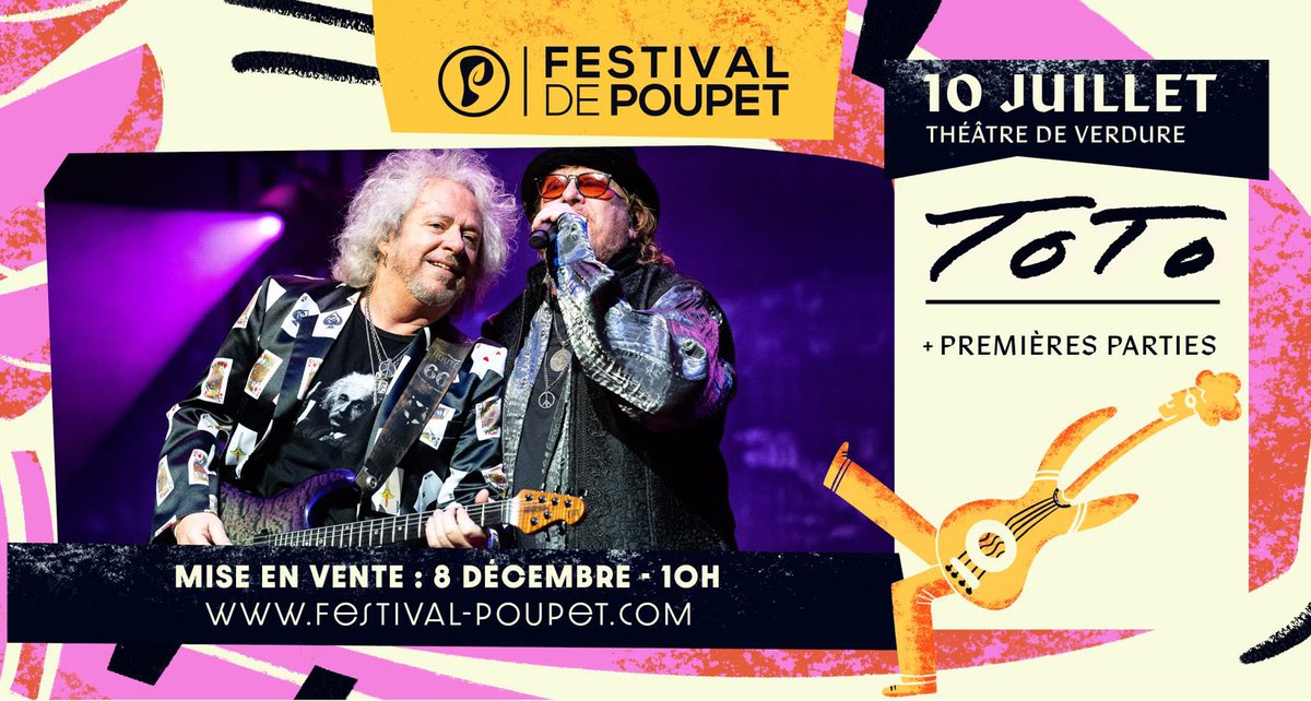 🔥 La légende 𝐓𝐎𝐓𝐎 au théâtre de verdure !
<a href="/toto99com/">TOTO</a> sera pour la 1ère fois dans l’intimité du Théâtre le 10 juillet prochain pour une date unique dans l’ouest. #Poupet2024 
👉 OUVERTURE BILLETTERIE :
Vendredi 8 Décembre - 𝟏𝟎𝐇 !
👉 INFOS &amp; RÉSAS : festival-poupet.com