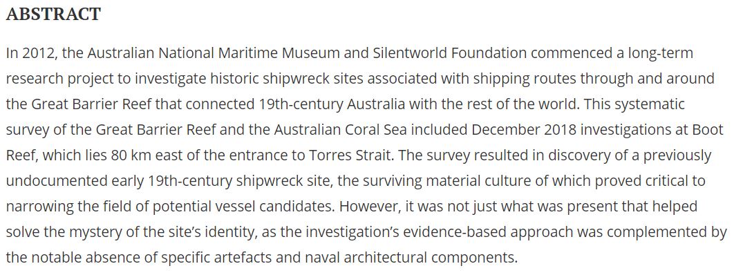 New Article Alert Anchors, Chains, and an Absence of Knees: Identification of an Early 19th-Century Shipwreck at Boot Reef, Australian Coral Sea Territory, by Kieran Hosty & James Hunter @seamuseum_ and Irini Malliaros @SilentworldFdn Access by joining nas.justgo.com/Account.mvc/Lo…