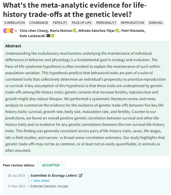Alfredo Sánchez-Tójar (@asanchez_tojar) on Twitter photo Always good to start the workday with a manuscript accepted
➡️Did you ever wonder what's the evidence for life-history trade-offs at the genetic level?
The answer is coming out soon <a href="/Ecology_Letters/">Ecology Letters</a>, but if you can't wait, the #preprint is available at: doi.org/10.22541/au.16… Always good to start the workday with a manuscript accepted
➡️Did you ever wonder what's the evidence for life-history trade-offs at the genetic level?
The answer is coming out soon <a href="/Ecology_Letters/">Ecology Letters</a>, but if you can't wait, the #preprint is available at: doi.org/10.22541/au.16…