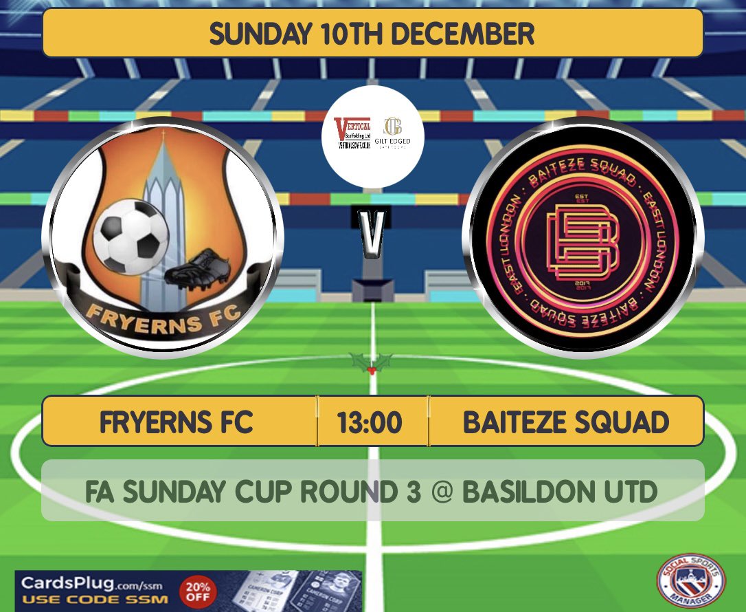 🟠⚫️Huge game for the club🟠⚫️

FA Sunday cup 3rd round Sunday 10th Dec 1300 KO vs <a href="/BaitezeSquad/">Baiteze Squad</a>  at <a href="/BasUtdFC/">Basildon United Football Club 🐝</a> (thanks @ChairBas) 
Entrance will be £3 (cash) on the gate.

The bar &amp; burger van will be open.

All support would be greatly appreciated 👊