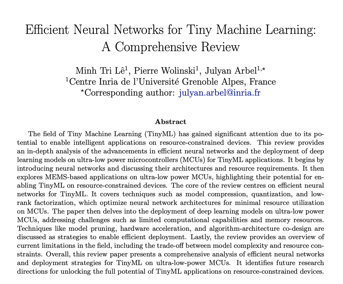 Statify (@inriastatify) on Twitter photo 📢 Review preprint on Tiny Machine Learning by <a href="/le_minhtr/">Minh Tri LÊ</a>, Pierre Wolinski, <a href="/JulyanArbel/">Julyan Arbel</a> from <a href="/InriaStatify/">Statify</a>! 📢 Review preprint on Tiny Machine Learning by <a href="/le_minhtr/">Minh Tri LÊ</a>, Pierre Wolinski, <a href="/JulyanArbel/">Julyan Arbel</a> from <a href="/InriaStatify/">Statify</a>!