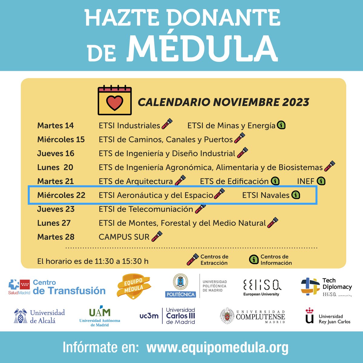 Mañana miércoles el #EquipoMédulaUPM visita la #ETSIAE para contarte cómo puedes ayudar a salvar vidas y por qué es tan necesario registrarse como donante. 
🕐11:30 a 15:30h.

#somosUPM #DonaMédula <a href="/DelegacionAero/">Delegación de Alumnos de la ETSIAE</a> <a href="/EquipoMedula/">Equipo Médula</a> <a href="/Madridonasangre/">Centro de Transfusión🩸</a> <a href="/La_UPM/">Universidad Politécnica de Madrid</a>