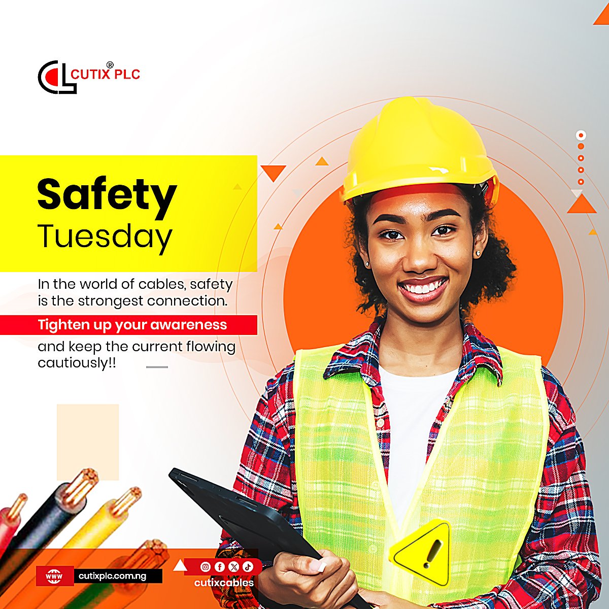 Cutixcables's tweet photo. Safety is the best accessory – wear it always, especially around electricity.
#SafetyTuesday
#SafetyFirst
#CutixPlc
#QualityCables #CableManufacturing #ExclusiveQuality #BestCablesInNigeria https://t.co/81cNz7a8SE