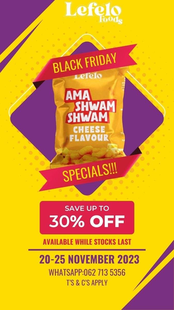 OurlivesMarket's tweet photo. Dont miss out on @lefelofoods Ama Shwam Shwam Snacks Black Friday deals! 

Order now! WhatsApp 062 713 5356! https://t.co/HrFAcOeESx