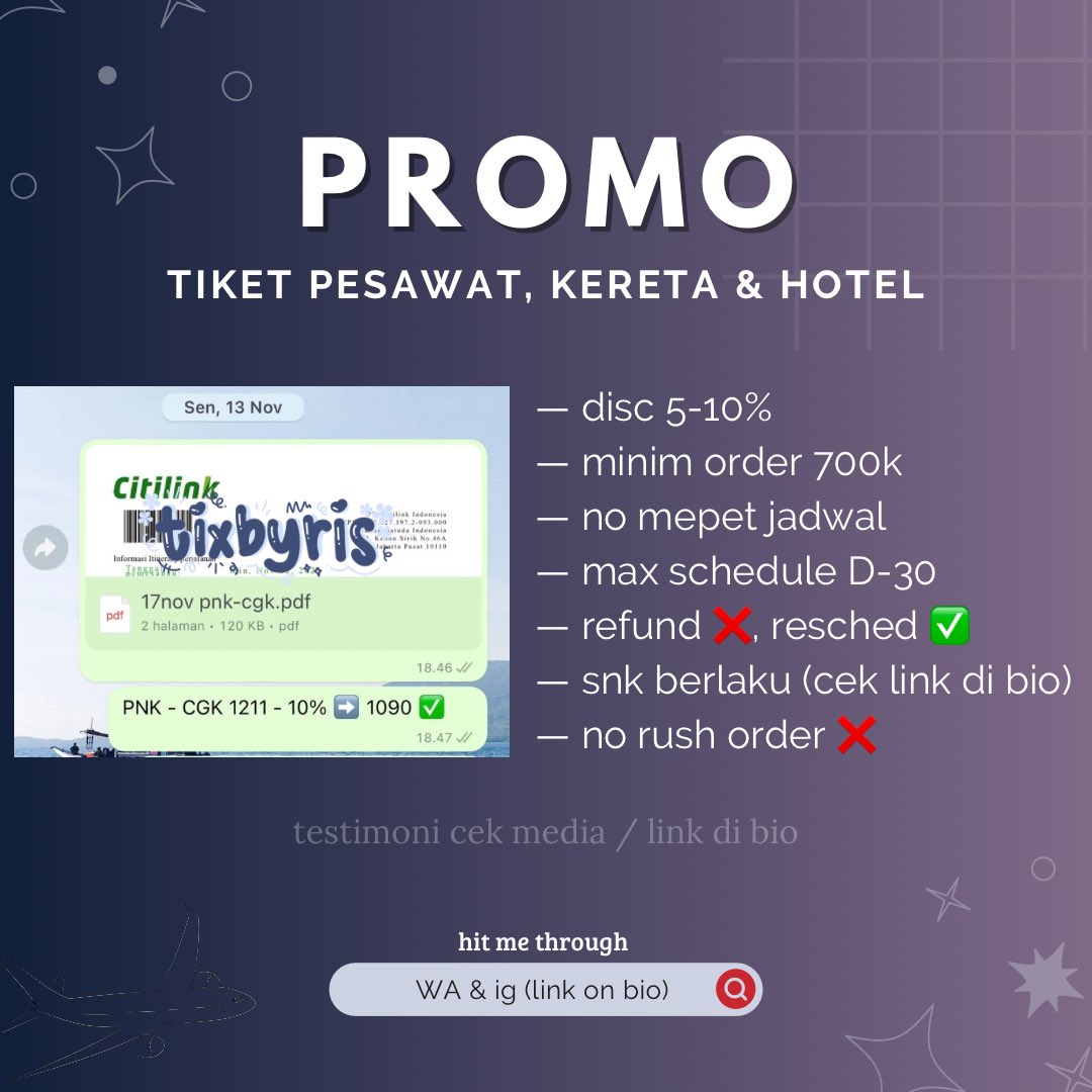 tixbyris's tweet photo. Open promo tiket pesawat, kereta &amp; hotel. Available disc upto 10%. Harga sedikit lebih murah dari app ✨
Testi scroll tweet ini aja. Bisa cek media / link di bio juga https://t.co/YGLsmvgbpw