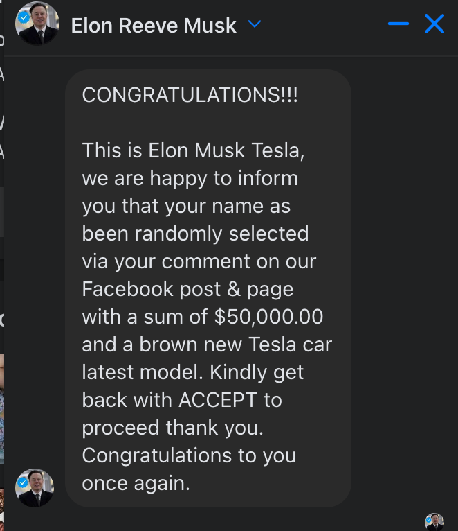 CorpTerrorism's tweet photo. @elonmusk FYI - Someone is impersonating you on Facebook, promising $50,000 and a Tesla https://t.co/15AsSHP5ip