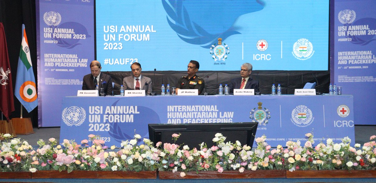 HQ_IDS_India's tweet photo. Lt Gen JP Mathew, CISC #HQ_IDS delivered the Keynote Address at USI Annual UN Forum #UAUF2023. 
Recognising multifarours International Humanitarian Law challenges faced in UNPK operations, he highlighted the unique position of UNGA emphasising on making UNSC more representative. https://t.co/BNTDFmSB02