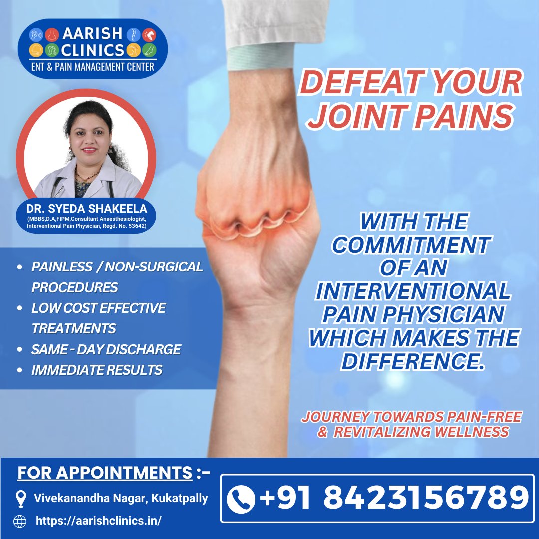 AarishClinics's tweet photo. #PainFreeLiving #InterventionalPainCare #AarishClinics #JointPainRelief #DrSyedaShakeela #PainManagement #ExpertCare #InnovativeTreatment #MedicalInnovation #CommitmentToHealth #WellnessJourney #HealthAndHappiness #QualityLife #AdvancedMedicine #Kukatpally #HyderabadHealth https://t.co/QmLPlcszgy