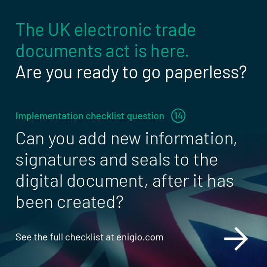 Are you considering digitising your trade documents? By sharing our learnings we intend to help you. Please click on the link:
enigio.com/uk-electronic-…
#paperlesstrade #reliablesystem #ETDA #MLETR #digitaltrade