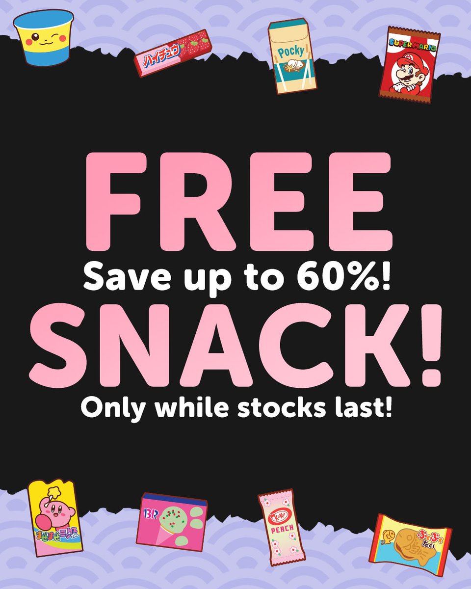 🍬 GET YOUR FREE SNACK GIFT! 🍬 Save up to 60% in our SNACK FRIDAY SALE! 🍫🍡 We're also giving away a FREE SNACK GIFT with any order! 🍭 🍪

#japancandystore #snackfriday #snackfridaysale #freesnackgift #yummyjapanesesnacks