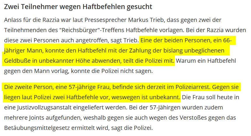 schwurbelwatch's tweet photo. Beim #Reichsbuerger-Treffen in #Wemding wurden 2 Personen mit ausstehenden Haftbefehlen angetroffen.

Der Mann konnte den Haftbefehl "mit der Zahlung der bislang unbeglichenen Geldbuße" abwenden.

Die Frau (57j) wurde in die JVA eingeliefert.

https://t.co/sIAVXooNfP https://t.co/m3aPZHdDLh
