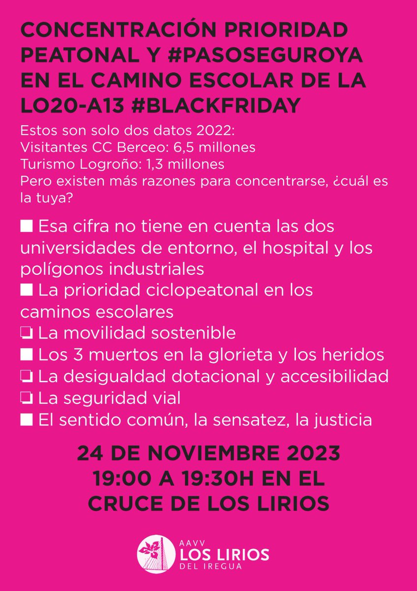 Como cada año, el camino escolar de la LO20 A13 se vuelve mucho más impracticable (si cabe) por el #BlackFriday, por eso os necesitamos, las razones son múltiples, seguro que marcas más de una. Os esperamos #pasoseguroya #rt