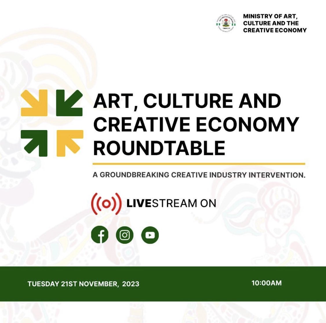 Fmactce_Nigeria's tweet photo. It’s D-Day!
We cordially invite you to join the livestream of the “Art, Culture and Creative Economy Roundtable”.
#FMACCE #CreativeEconomyRoundtable #LiveStreamNow https://t.co/qzOcyvj74d