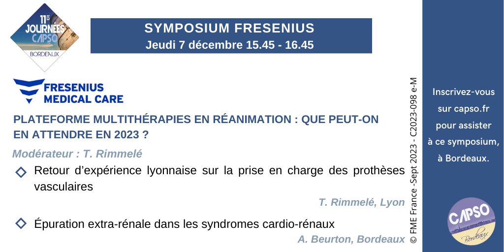 Venez assister au symposium de Fresenius Medical Care le jeudi 07/12, avec T. Rimmelé et A. Beurton.
Inscription : capso.fr/inscription/
Programme de #capso23 : capso.fr/programme/
#multithérapies #réanimation #prothèse #vasculaire #EER #épuration #extrarénale #cardiorenal