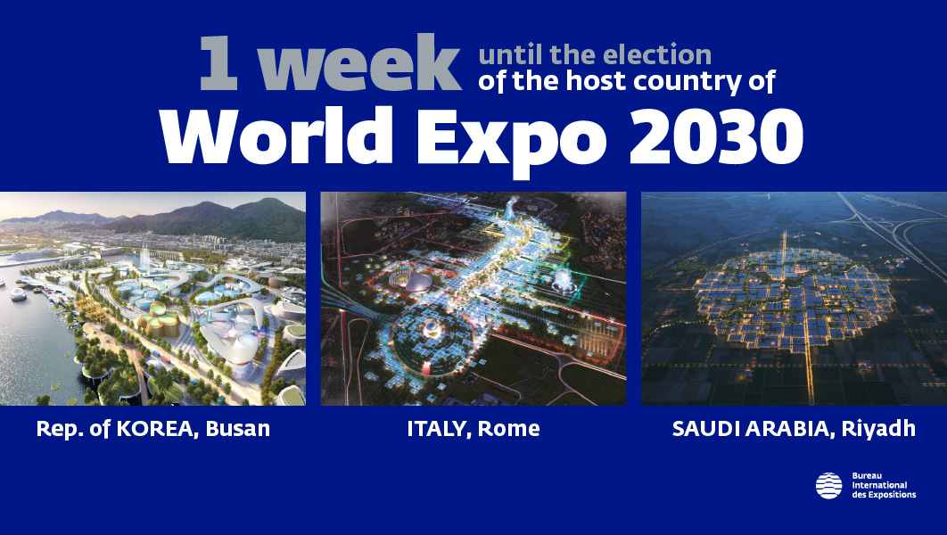 bieparis's tweet photo. Who will host World Expo 2030? 
In 1 week, BIE Member States will elect the host country during the 173rd General Assembly of the BIE
#BIE173 https://t.co/PdgyoqEeH1