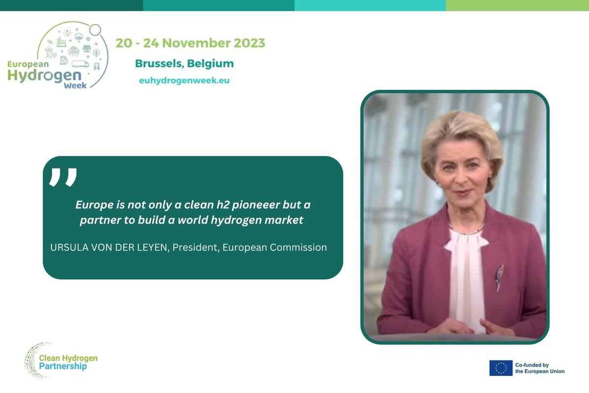 "Europe is not only a clean h2 pioneeer but a partner to build a world hydrogen market." That’s how <a href="/vonderleyen/">Ursula von der Leyen</a> , President, <a href="/EU_Commission/">European Commission</a> opend this years <a href="/EUH2Week/">European Hydrogen Week</a>.

📽 youtube.com/watch?v=F7_wG0…

Join us for Day 2 at European Hydrogen Week
