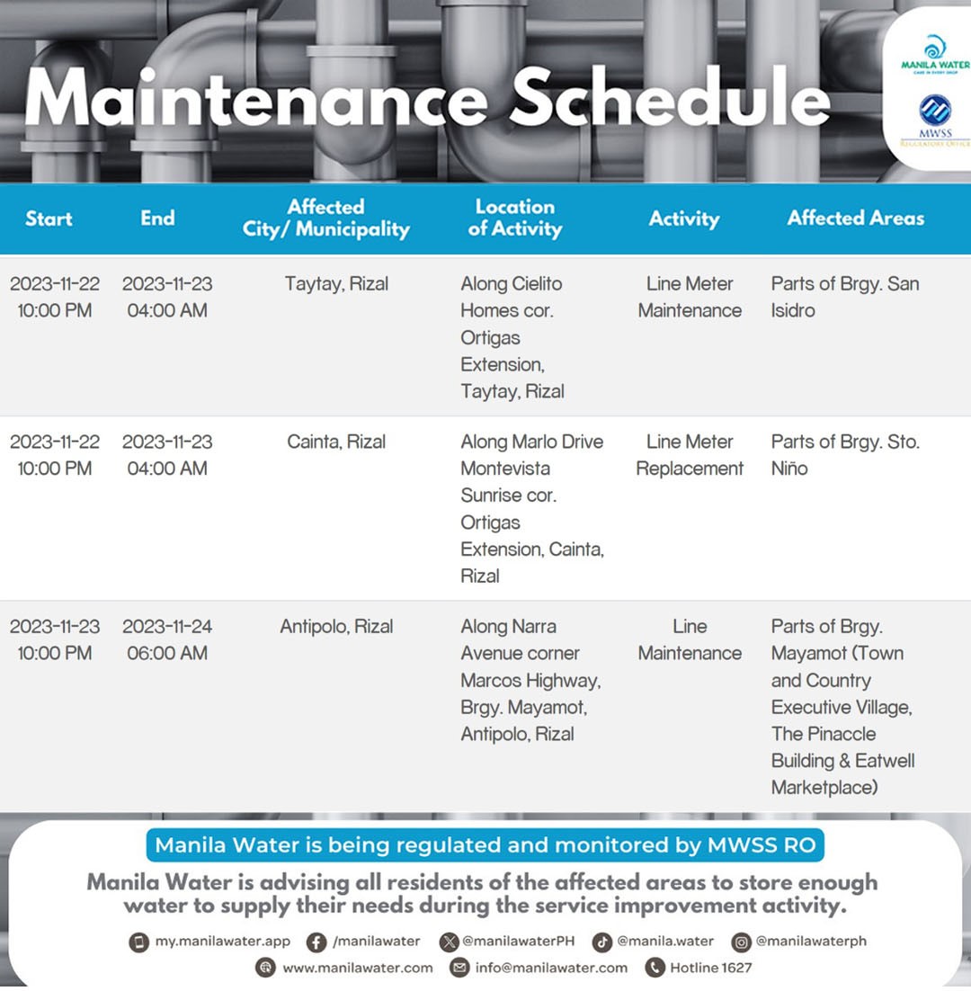 ManilaWaterPH's tweet photo. MAINTENANCE SCHEDULE: Here are the activities scheduled on November 22-23, 2023, in parts of Cainta, Antipolo &amp;  Taytay, Rizal.

Visit https://t.co/7ybX1L9osd.

Manila Water is being regulated and monitored by @mwssro https://t.co/oUmk8EQ7l0
