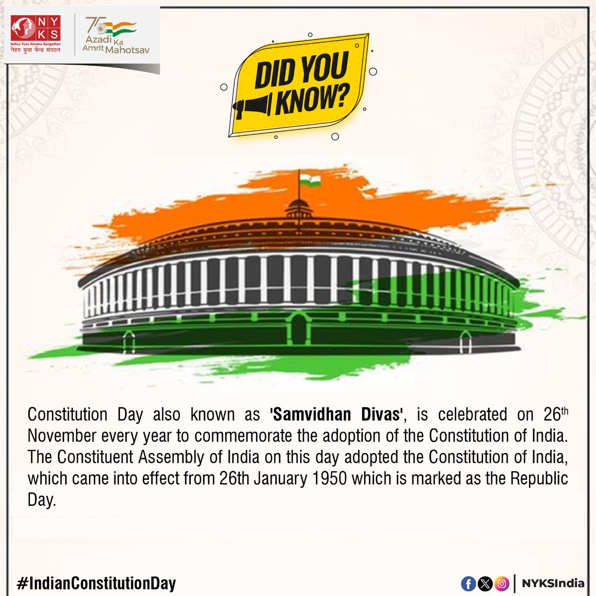 mybharatsd's tweet photo. Join us in the celebrations of the #ConstitutionDay🇮🇳📜 of Bharat and learn more about the significance of this important day in our democratic history with #ConstitutionalFacts.
#IndianConstitutionDay #NYKS #Bharat https://t.co/b8Ky11JDEq