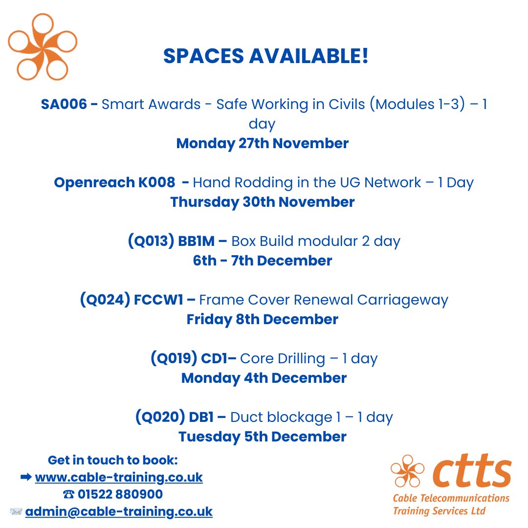 Ctts_training's tweet image. 🚨 Spaces available to book 👷‍♂️

Get in touch today! 📨☎

If the course you need isn't listed, get in touch to see what we can offer!

➡ cable-training.co.uk

☎ 01522 880900

📨 admin@cable-training.co.uk

#Civils #Civilstraining #CTTS #safeworking #smartawards