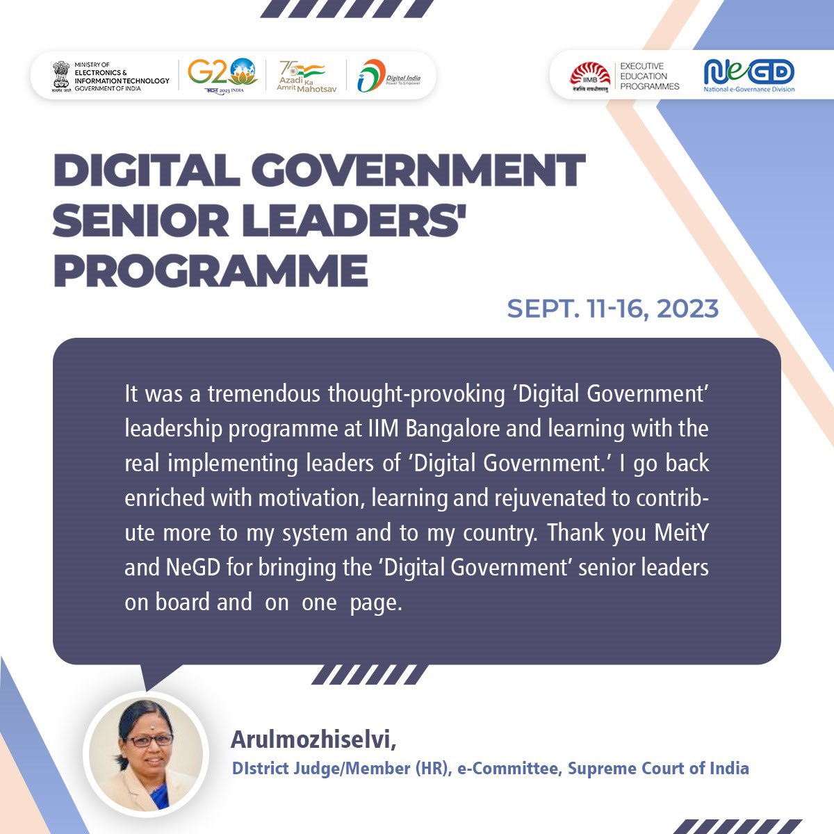 GoI_MeitY's tweet image. #FeedbackPost | The Digital Government Senior Leaders&apos; Programme, organised by @NeGD_GoI, provided the participants an enriching experience in fields like cloud computing, blockchain, big data, open source, etc. #DigitalIndia #CapacityBuilding