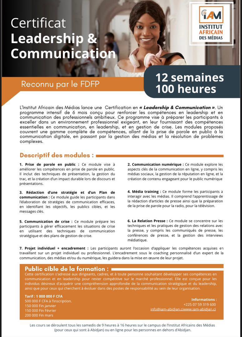 C’est bientôt la fin des inscriptions de la #CLC. 3 mois de cours intensifs avec les meilleurs de la communication et du leadership. Rejoignez-nous avant le 30 novembre via 👉iam-abidjan.ci/clc/
Joignable sur whatsapp au +225 0 759 319 600.