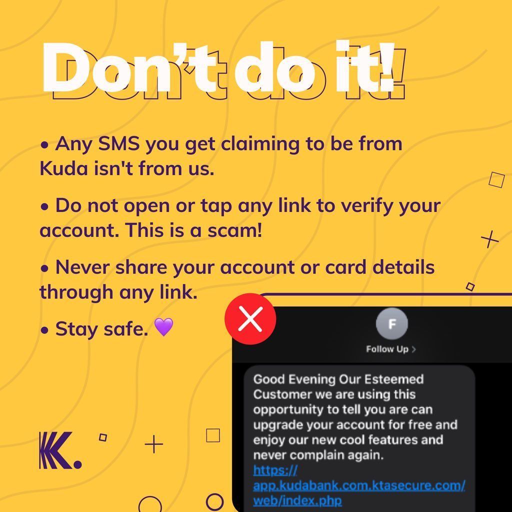 joinkuda's tweet photo. Wouldn't you like to always be ahead of scammers? That means reading messages like this and asking questions when you notice something suspicious - like the SMS in the image. #ProtectYourMoney #StaySafeWithKuda💜 https://t.co/pHTNRZ2TLN