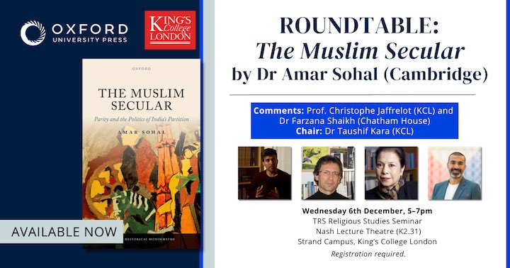 King's TRS (@kingstrs) on Twitter photo We’re delighted to have Dr Amar Sohal   (<a href="/sohalamarsingh/">Amar Sohal</a>) join us to discuss his new book ‘The Muslim Secular: Parity and the Politics of India’s Partition’ (2023) with Professor Jaffrelot (<a href="/jaffrelotc/">Jaffrelot Christophe</a>), Dr Shaikh & Dr Kara (<a href="/taushif/">Taushif Reja</a>). 
Register here: tickettailor.com/events/kingsco… We’re delighted to have Dr Amar Sohal   (<a href="/sohalamarsingh/">Amar Sohal</a>) join us to discuss his new book ‘The Muslim Secular: Parity and the Politics of India’s Partition’ (2023) with Professor Jaffrelot (<a href="/jaffrelotc/">Jaffrelot Christophe</a>), Dr Shaikh & Dr Kara (<a href="/taushif/">Taushif Reja</a>). 
Register here: tickettailor.com/events/kingsco…