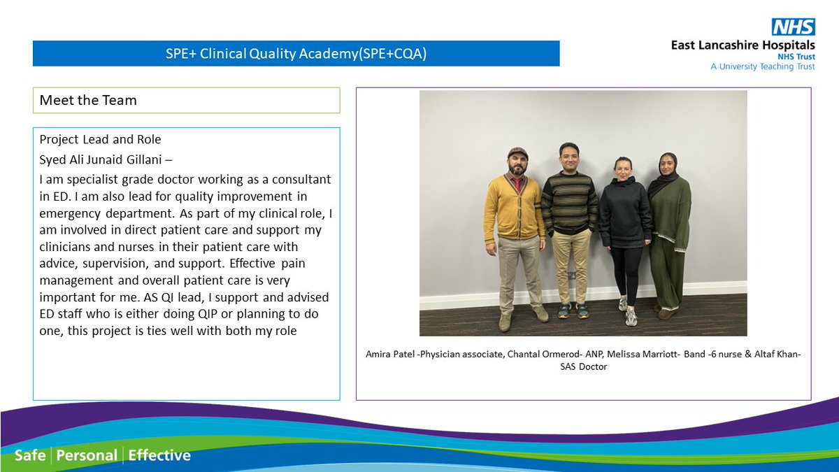 We would like to introduce you to our teams taking part in this years cohort of the CQA in partnership with @BTHQIHub @NWAmbulance Welcome Dr Gillani and the Pain management in emergency department @ELHT_NHS @BrandonB_ISC @zoeegerickx @ELHT_CEO @HRolle98 @KGoldthorpe1