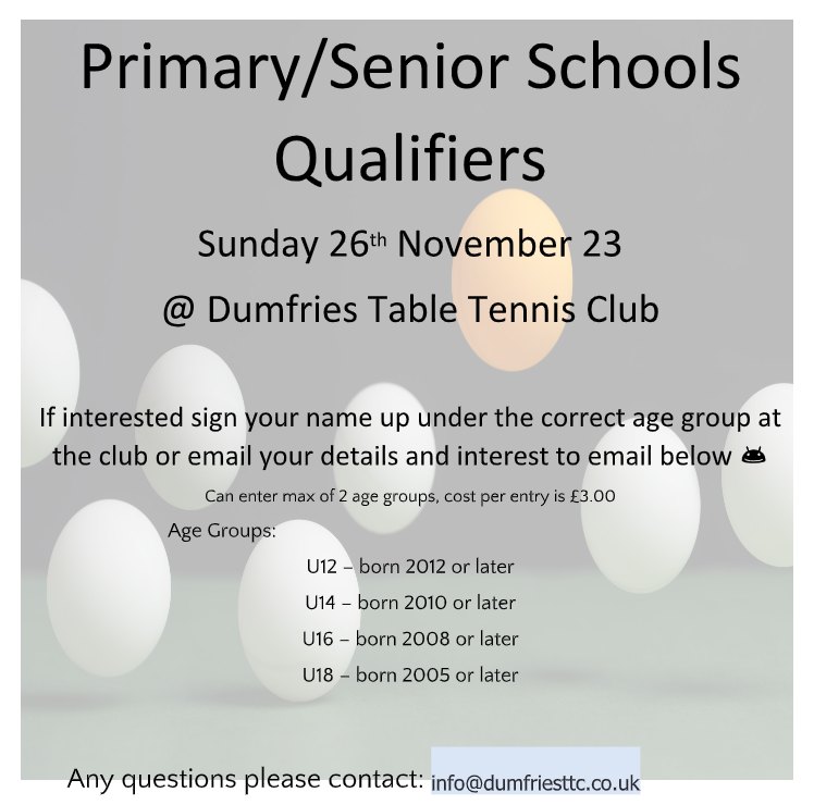 TABLE TENNIS SCHOOLS QUALIFIERS - Sunday 26 November - 10am at Dumfries Table Tennis Club - Open to all players in full-time education - U12, U14, U16, U18 - Closing date for entries Thursday 23 November Email info@dumfriesttc.co.uk