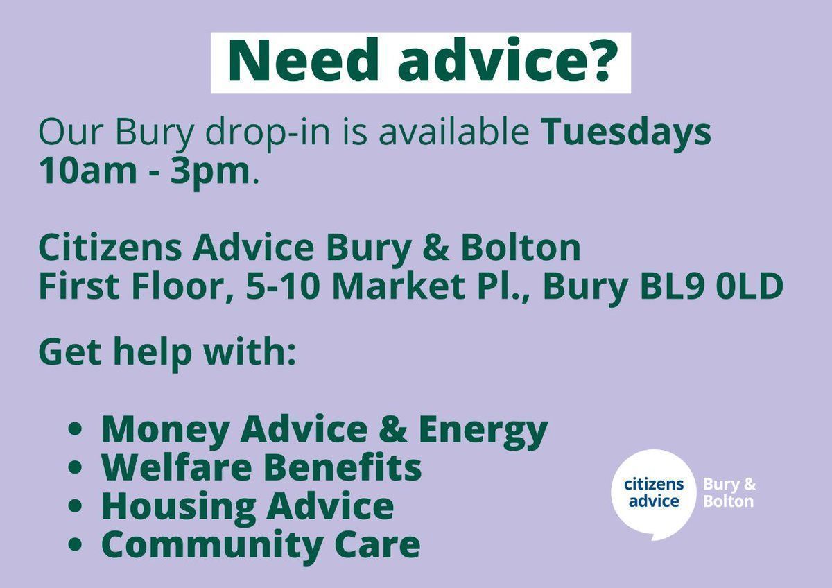 Our Bury drop-in is open today!✨ ✨ 

If you need advice, we're here to help.

🗓️ Tuesdays, 10am - 3pm
📍 First Floor, 5-10 Market Pl., Bury, BL9 0LD