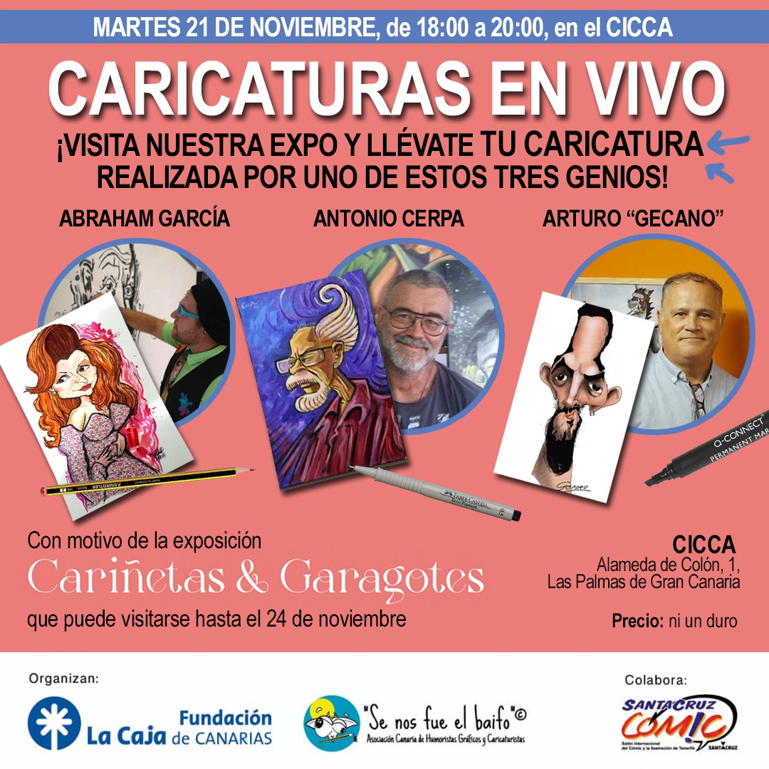 ¡Estamos echando el resto en la última semana de la exposición #CariñetasyGaragotes ! VEN A VERLA HOY y uno de nuestros genios te hará una CARICATURA en vivo. 🥸😵‍💫🥴🤓

📍CICCA <a href="/lacajadcanarias/">Fundación La Caja de Canarias y CICCA</a> 
🕕 18:00-20:00