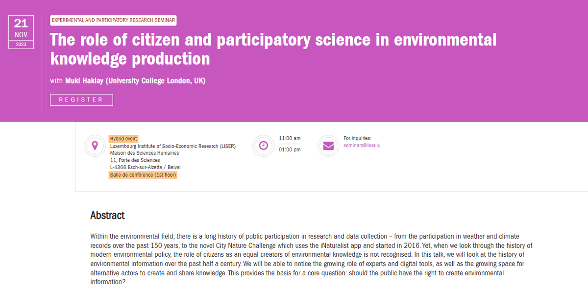 Liser_UDM's tweet photo. ✉️Join us today Nov. 21st (11h CET) on WebEx or in-person for the #EXPAR Seminar
🗣️Muki Haklay (@mhaklay) of @UCLgeography will present "The role of citizen and participatory science in environmental knowledge production"
🔗 https://t.co/Wmtne8WmI6 https://t.co/MTtcJSzaZW
