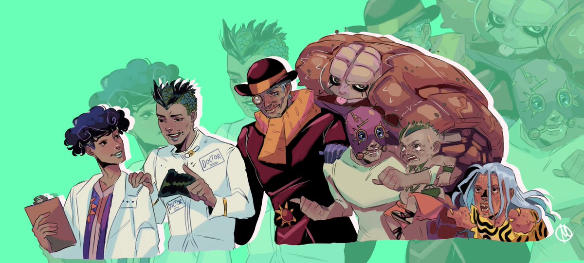Martycesar's tweet photo. ''Just hangin out with the boys✨🫡''
As promised the second part with the doctors >:) + Doremifasolati do and Dolomite 
#jojo #jjba #JoJosBizarreAdventure #jojolion #jojotoru #jojotooru #tooru #wutomoki #poortom #urbanguerrilla #dolomite #wonderofu #wou #satoruakefu https://t.co/xWBTD34J1g