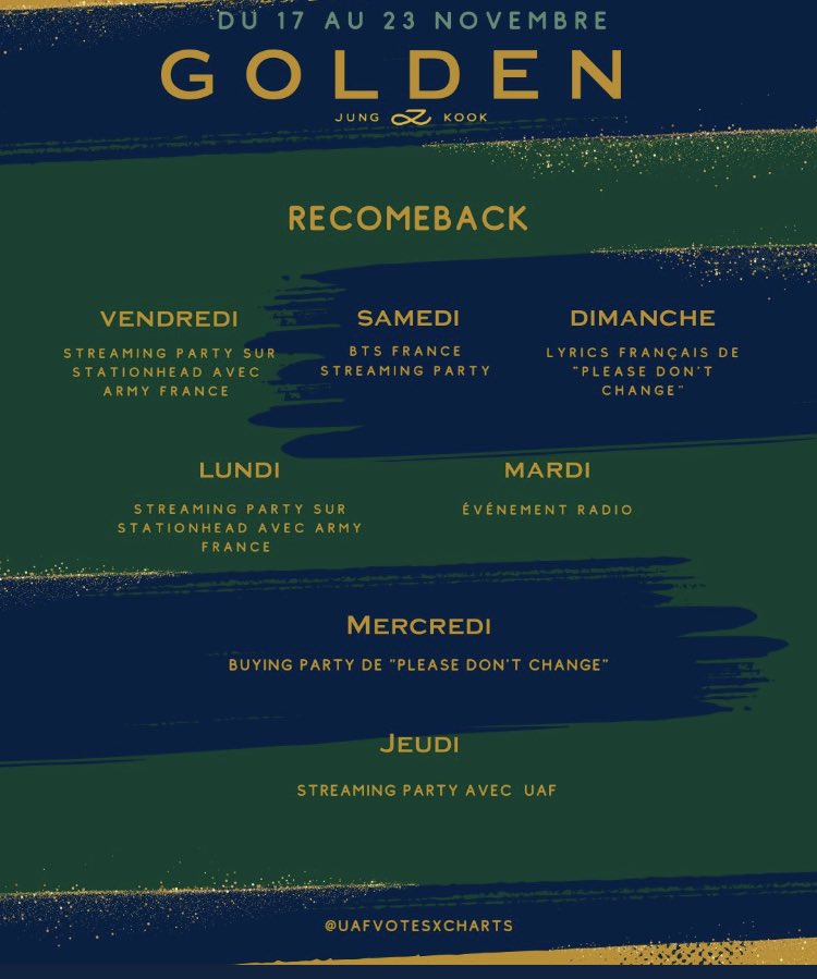 UAFChartsFrance's tweet photo. 🥳 GOLDEN RECOMEBACK
Cette semaine on achète/stream "Please Don't Change " de Jungkook (@BTS_twt, @djsnake) et Golden.
https://t.co/Oa8xAAfXgB
Activités et Goals pour le RECOMEBACK ci dessous
Ce soir, évènement radio
#GoldenSnake #JungKook_Golden #OuiWontChange https://t.co/AdKxKrwCOf