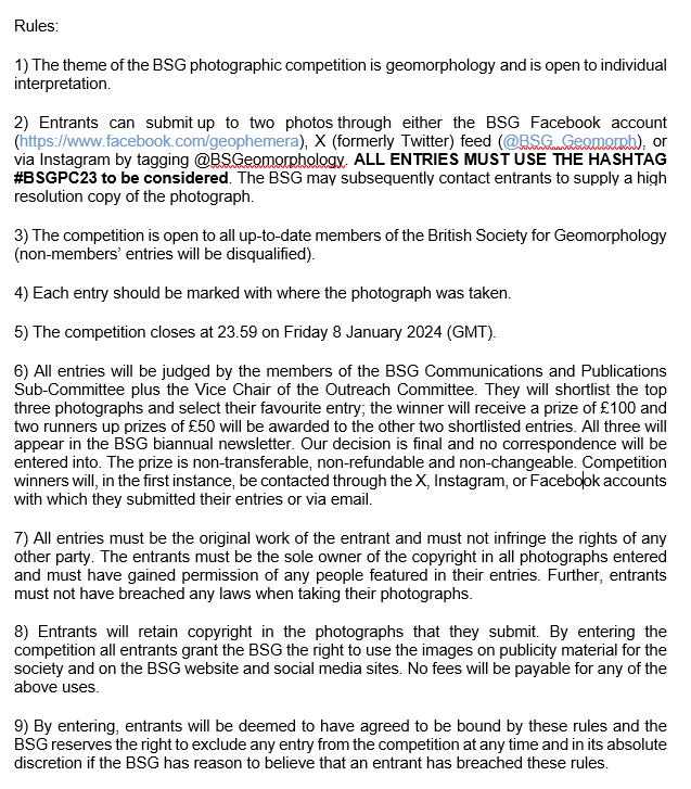 📸BSG PHOTO COMPETITION 2023📸 

It's time to scroll through your photographic archives and find your best photos of #geomorphology for the chance to win one of our prizes⬇️

🥇£100
🥈£50
🥉£50 

DEADLINE: 8th Jan 2024 (23.59 GMT)

You must tag us &amp; use #BSGPC23

All the T&amp;Cs⬇️