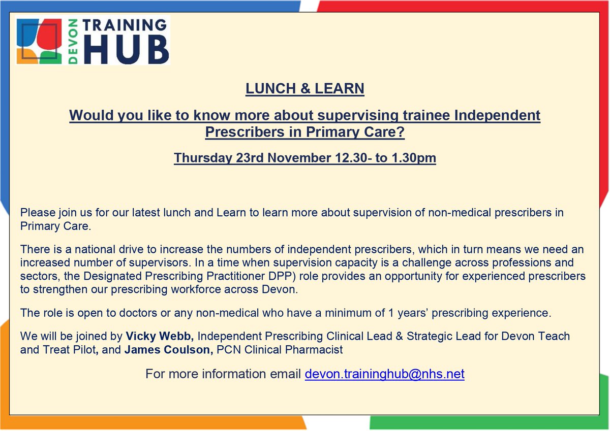 DTHDevon's tweet photo. Date for your calendars! Please join using the following link: https://t.co/hPCeEFFDuD…
#primarycare #devontraininghub #nonmedicalprescribers https://t.co/xxAtjBgdsm
