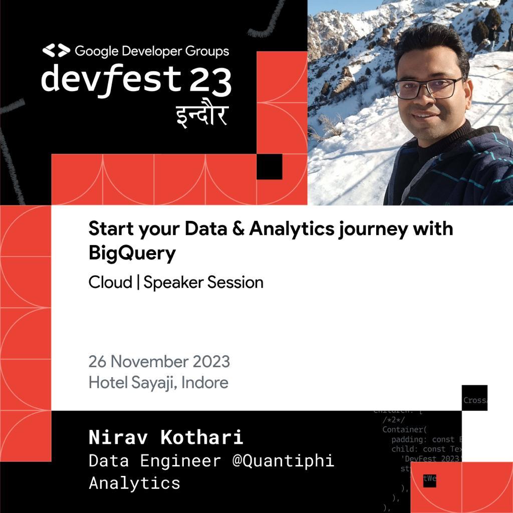 GDG_Indore's tweet photo. With upcoming #DevfestIndore2023, We are thrilled to announce our speaker
✨Nirav Kothari ✨, Solution Architect @Quantiphi and GDE-Cloud Platforms, with 18+ yrs of exp in the industry, 
Sharing his experience with us with "Start your data and analytics journey with BigQuery" 🧵 https://t.co/K2wIuyrU7M