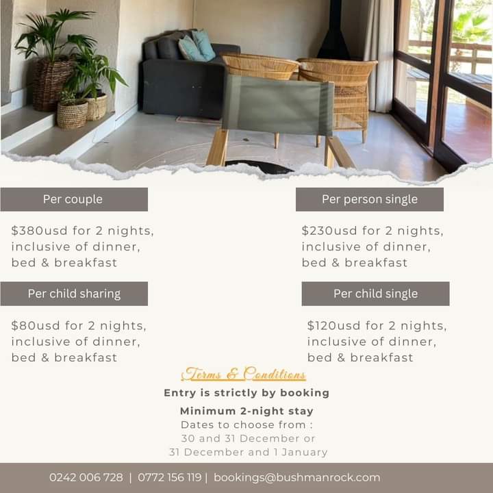 BushmanRockZim's tweet photo. ๐๐ Christmas is fully booked however New Year dates are still available! ๐ ๐ ๐ป
Contact us to secure your booking๐
โ๏ธ 0772 156 119 or ๐ง info@bushmanrock.com
#bushmanrocksafaris #tents #fishing #damview #nature #zimbabwe #zimlodges #zimaccommodation #holiday #newyear https://t.co/BbJveQPfXN